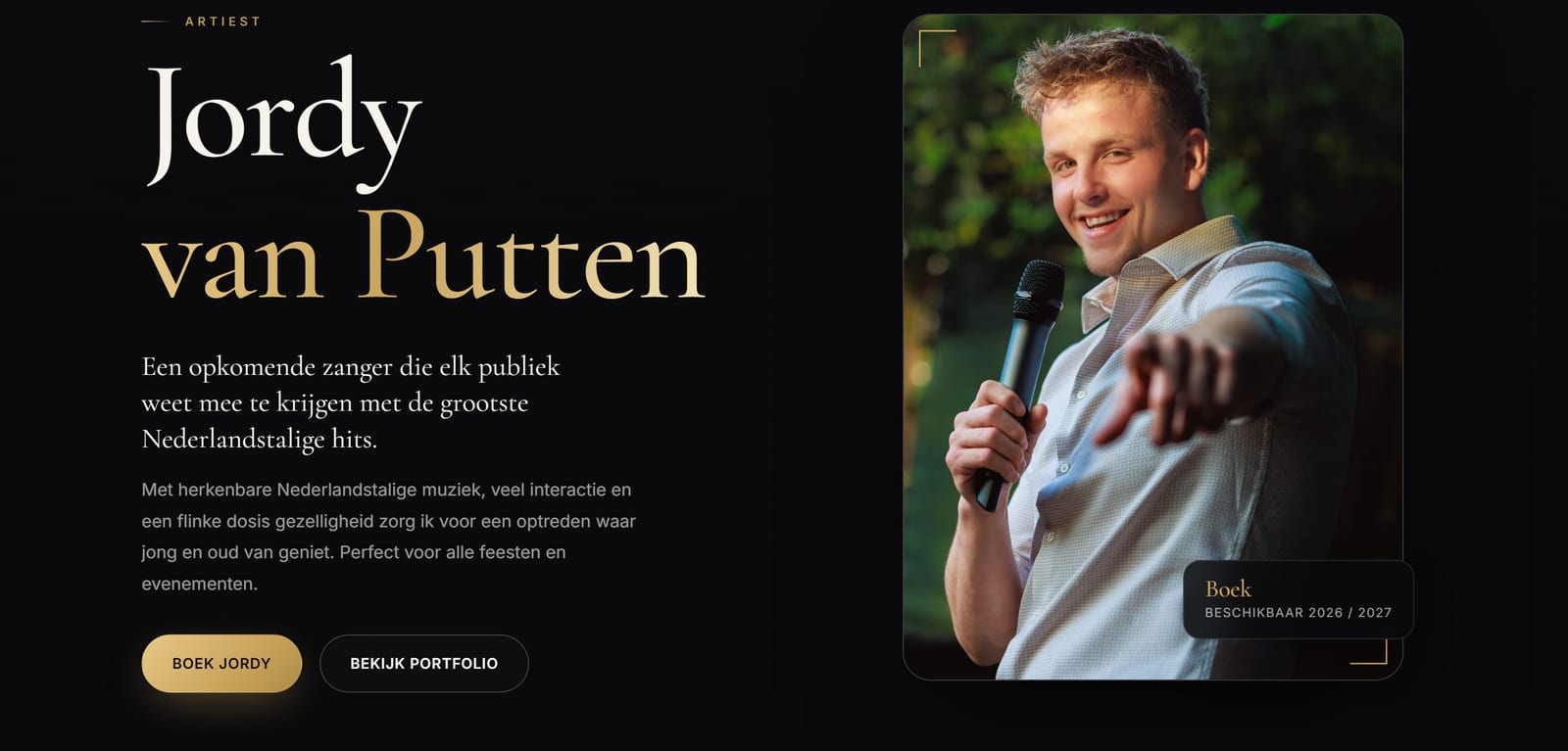 De homepage van jordyvanputten.nl met boekingsflow