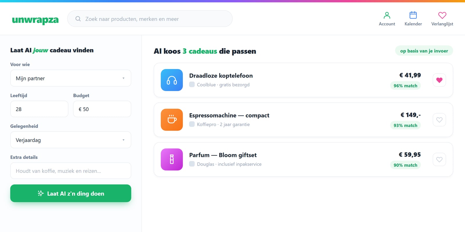 De AI-cadeauzoeker van Unwrapza met gepersonaliseerde resultaten